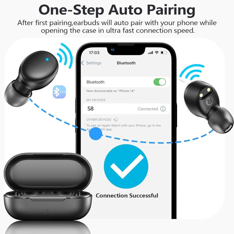MOZOTER S8 Mini Wireless Earbuds Bluetooth 5.3 in Ear Light-Weight Headphones,60Hrs Playtime Ear Buds with Charging Case,Smart Ring,Fitness Tracker Premium Sound with Deep Bass for Sport-Black - Image 2